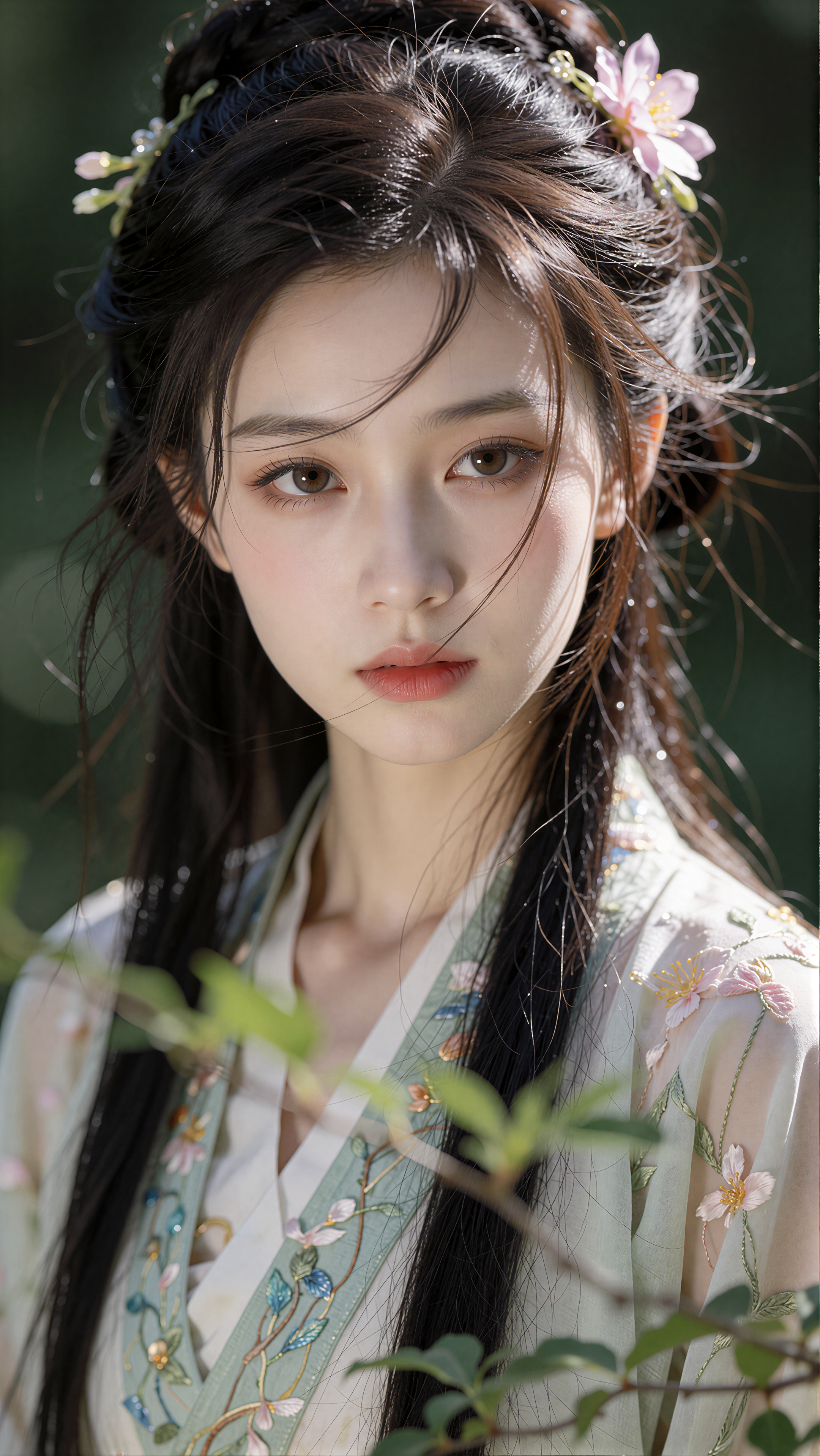 古风清冷少女，五官柔和精致，眼含柔光看向镜头，黑长发半盘发别粉花发饰，发丝微乱，穿浅绿绣樱花纹样汉服，近景特写，背景虚化深绿林间，前景有虚化绿叶，逆光发丝发光，柔和自然光，高清写实，细腻质感。