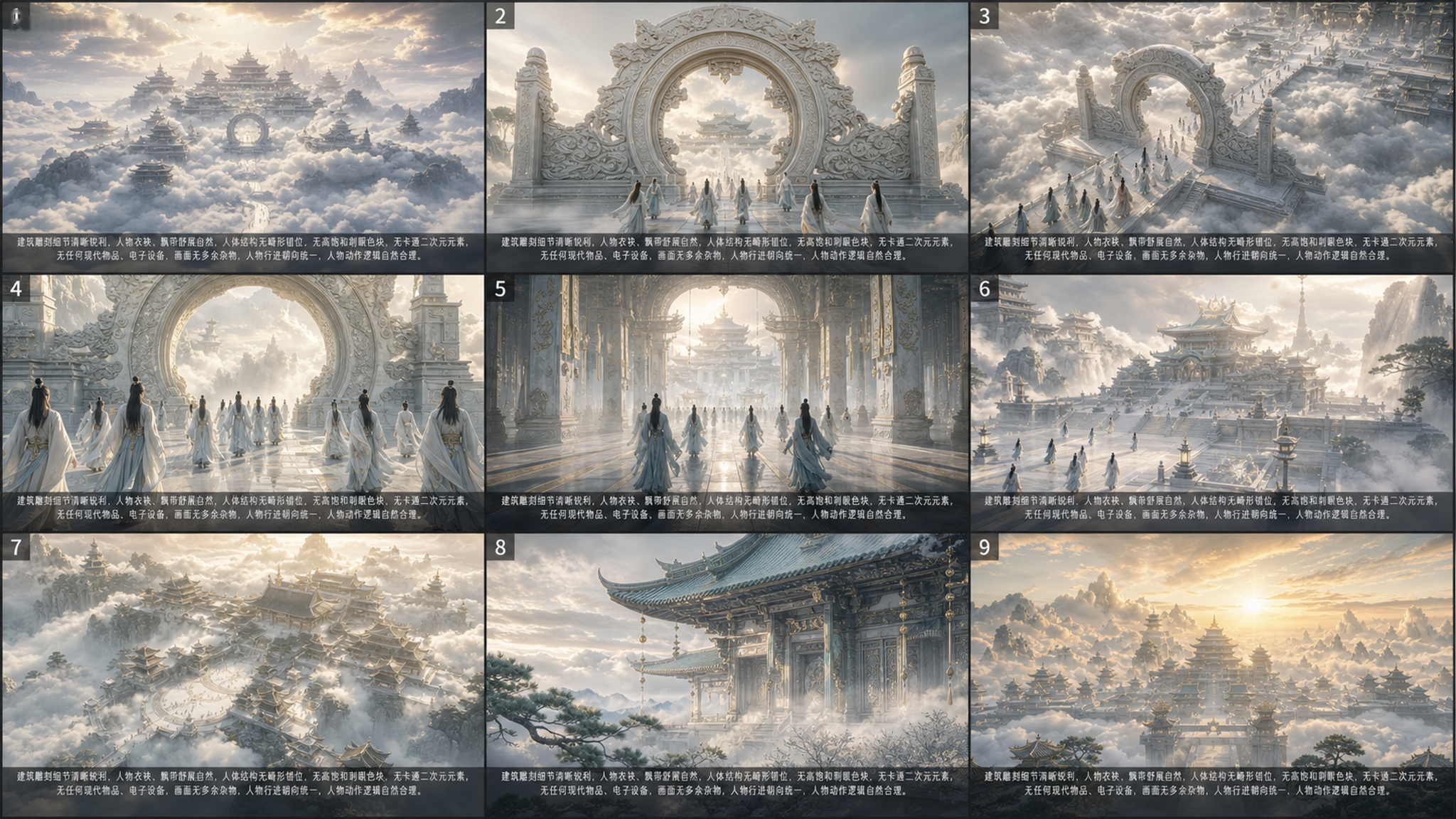 国风玄幻仙侠风格，云海之上的天宫胜景，巍峨白玉南天门，层叠琼楼仙阁隐于缭绕云雾间，一众白衣仙人缓步走向宫门，暖金色天光柔和洒落，宏大远景，细节细腻，仙气缥缈，8k高清质感。