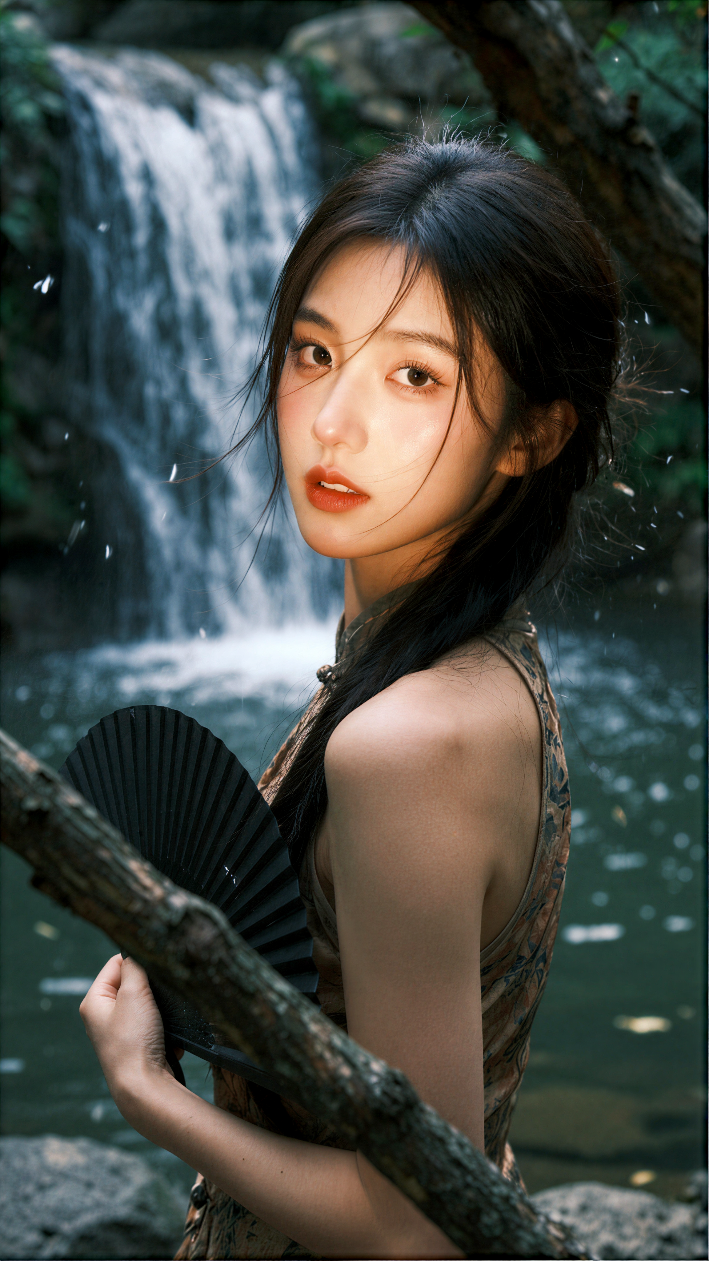 近景人像，穿暗纹无袖旗袍的清冷少女，手持黑色折扇侧身回眸看镜头，背景是林间瀑布水潭，前景有树枝挡边，暖金色侧光打亮面部，发丝沾细碎水珠，皮肤通透，国风写实摄影，清柔氛围感，高画质，细节清晰。