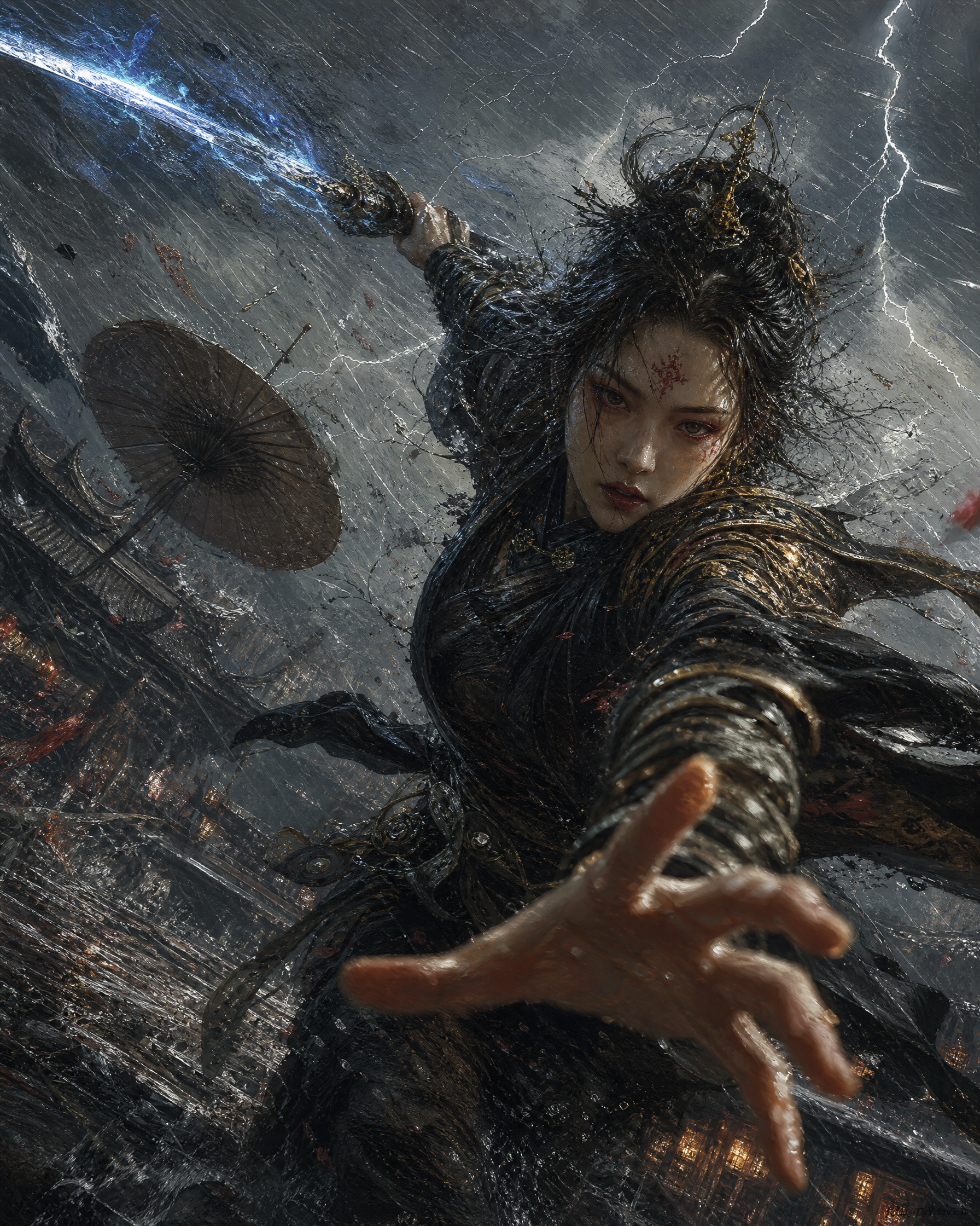 Hyperrealistic dark wuxia art, dynamic low angle shot, fierce young Chinese female swordswoman, wet messy topknot with gold hair ornament, red cinnabar forehead mark, drenched black-gold woven dark armor, one wet hand outstretched toward viewer, the other holding glowing blue electric enchanted sword, discarded oil paper umbrella floating behind. Stormy rainy night, flashing lightning, distant burning ancient Chinese rooftops, pouring rain, wind-whipped robes, dramatic high contrast lighting fro