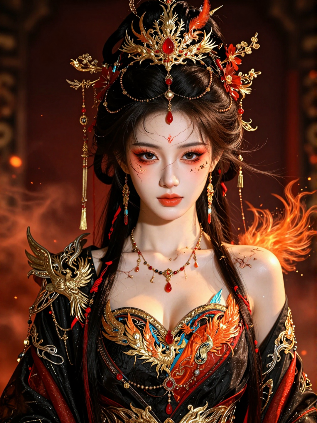 Medium close-up centered portrait of beautiful ancient Chinese xianxia fire goddess, long silky dark hair, elaborate gold phoenix headpiece inlaid with red gems and dangling tassels, bold red-orange eye makeup, small red forehead mark, black hanfu embroidered with gold phoenix and fiery orange patterns, gold phoenix shoulder armor, red gem jewelry. Warm dramatic cinematic lighting, glowing orange ambient haze, floating embers, dark blurred deep red ancient palace background, hyperrealistic, 8k s