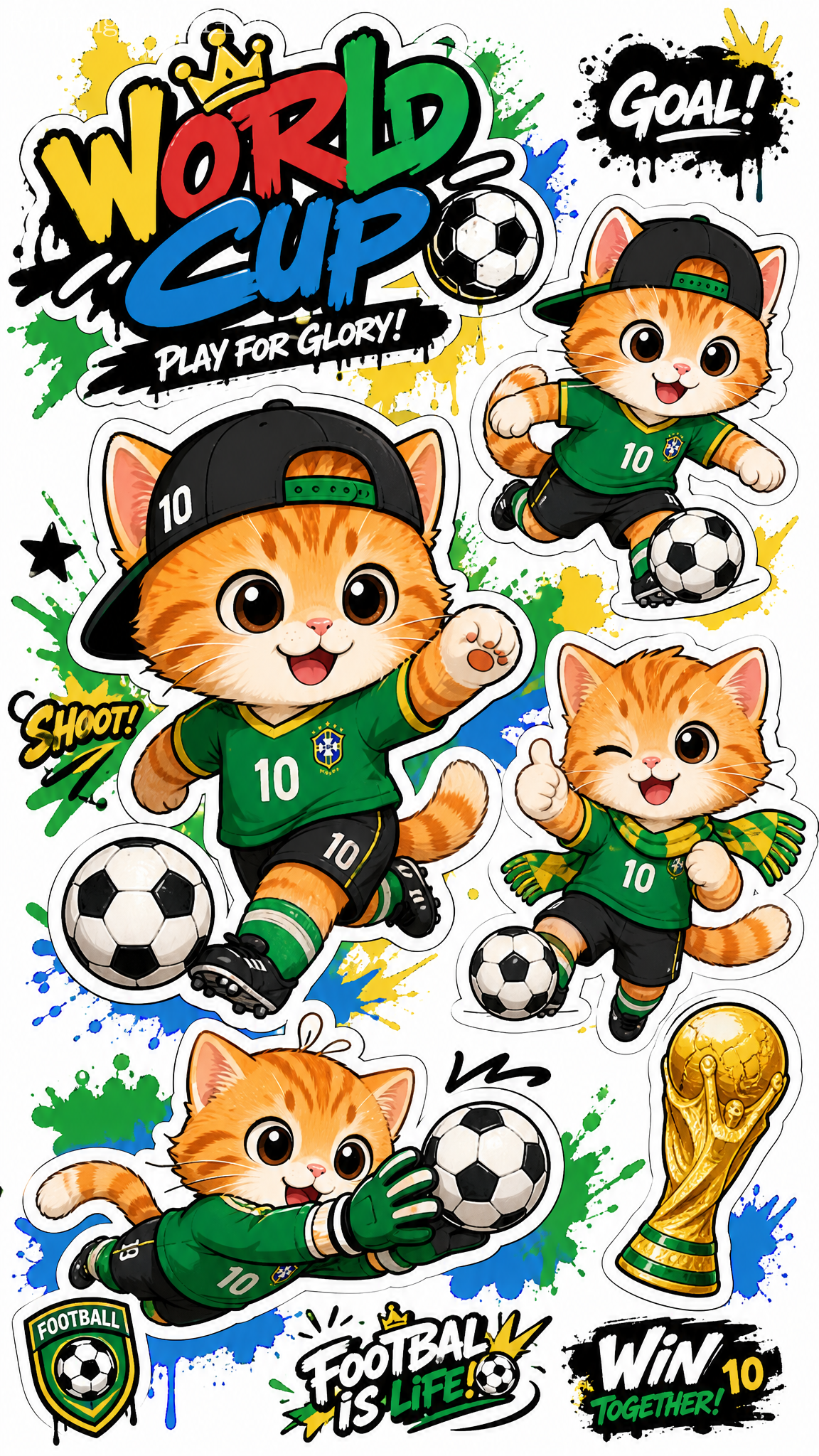 Kawaii anime vertical sticker sheet, plain white background, multiple poses of cute chibi orange tabby cat wearing Brazil green number 10 football jersey, backwards cap, dribbling soccer ball, cheering with thumbs up, saving ball as goalkeeper, bold white die-cut outlines for all elements, plus World Cup golden trophy, soccer balls, yellow green blue graffiti splatters, fun sporty texts, bright flat vibrant colors, even soft lighting, clean cartoon lineart, playful sporty vibe.