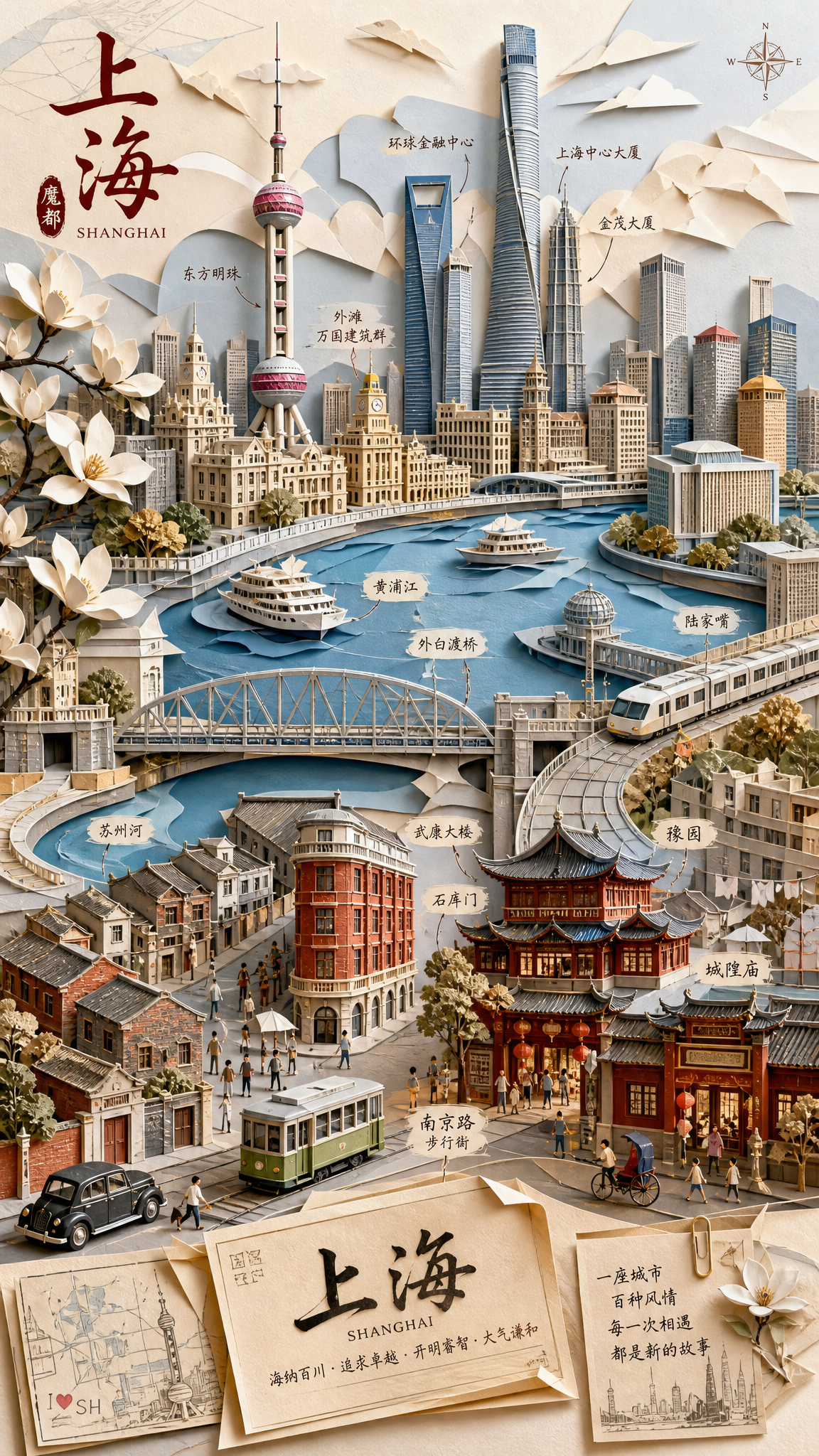 Ultra HD 3D layered origami paper-cut illustration of Shanghai cityscape, isometric composition. Features Oriental Pearl, Shanghai Tower, Bund colonial architecture, Huangpu River cruise ships, Waibaidu Bridge, Wukang Building, Shikumen houses, Yuyuan Garden, City God Temple, left-side magnolia branches, vintage tram/cars, tiny pedestrians, calligraphy landmark labels, old Shanghai postcards at the bottom. Soft warm natural lighting, subtle textured paper edges, delicate soft shadows, intricate