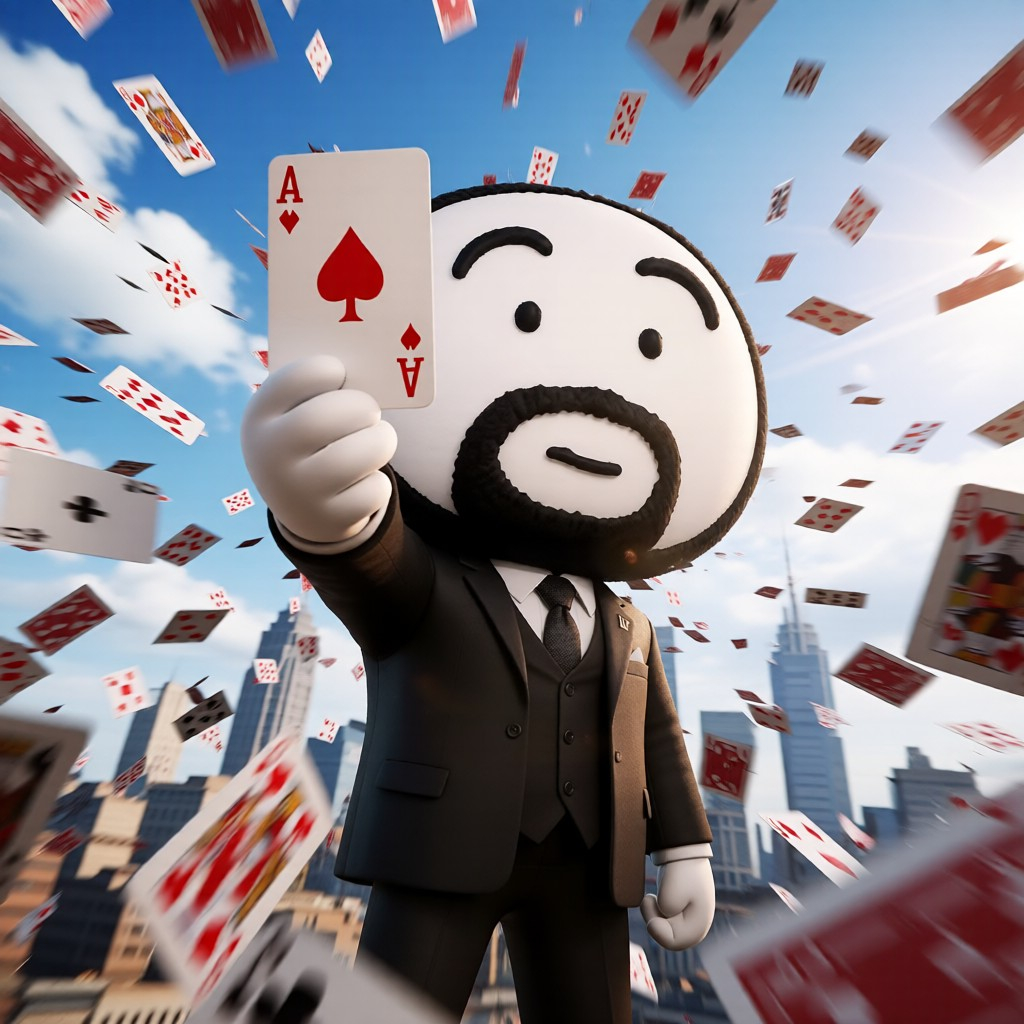 3D claymation cute round chibi man with white round face, thick black beard, wearing tailored black 3-piece suit, holding Ace of Spades up toward the viewer, low angle shot, modern city skyscraper skyline background, bright sunny blue sky with fluffy clouds, warm golden hour sunlight with soft lens flare, hundreds of playing cards floating and flying all around with motion blur, cinematic shallow depth of field, vibrant crisp colors, playful whimsical style.