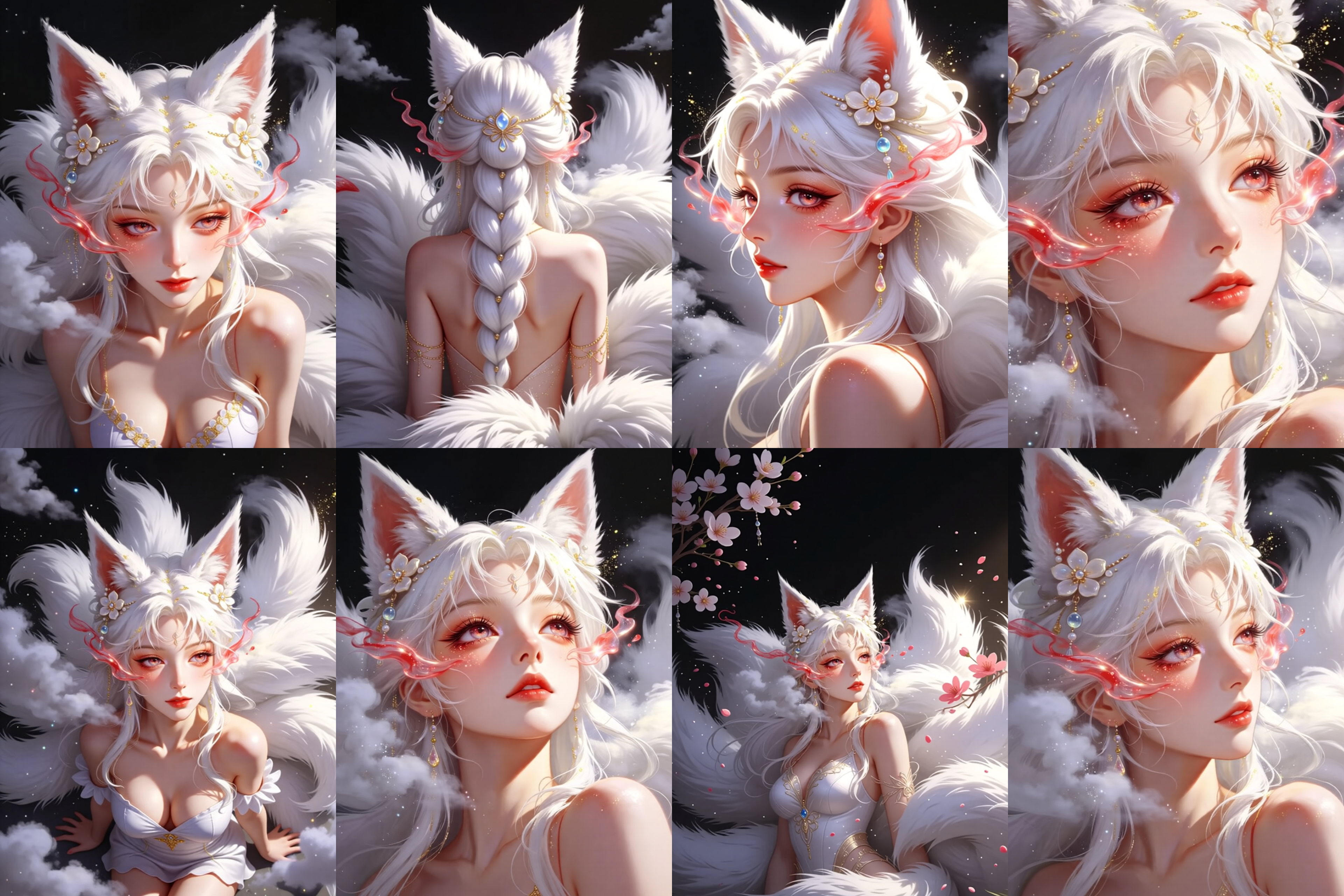 8-panel character turnaround reference sheet, ethereal nine-tailed white fox spirit young woman, flowing silver-white hair, fluffy white fox ears, pink glowing wisps at temples, sparkling red eyes, blushed cheeks, pearl flower hair accessories, sheer white silk outfit, large fluffy white tails. Semi-realistic anime CG style, soft painterly render, warm golden rim lighting, dark background, floating clouds, glitter particles, subtle cherry blossom accents, varied angles including front, back, pro