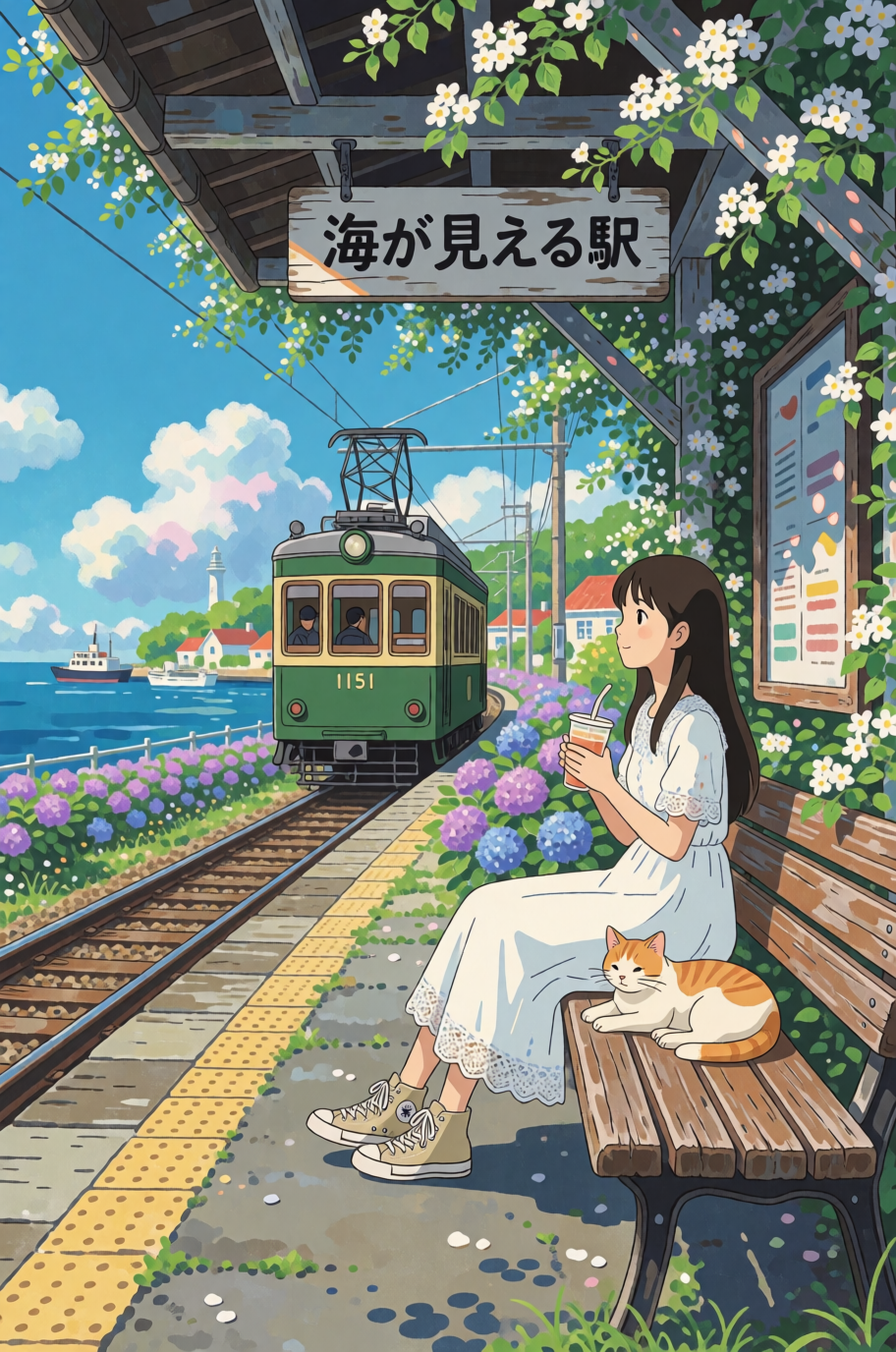 Studio Ghibli whimsical cozy anime illustration, vertical composition. Japanese coastal train station, white jasmine vines climbing wooden eaves with sign reading "海が見える駅". Young girl in white lace maxi dress sits on wooden bench holding iced drink, chonky ginger-and-white cat rests beside her. Vintage green tram approaching on tracks, purple and blue hydrangeas line the platform, bright sunny daytime, soft warm natural light, bright blue sky with fluffy cumulus clouds, ocean view with lighthous