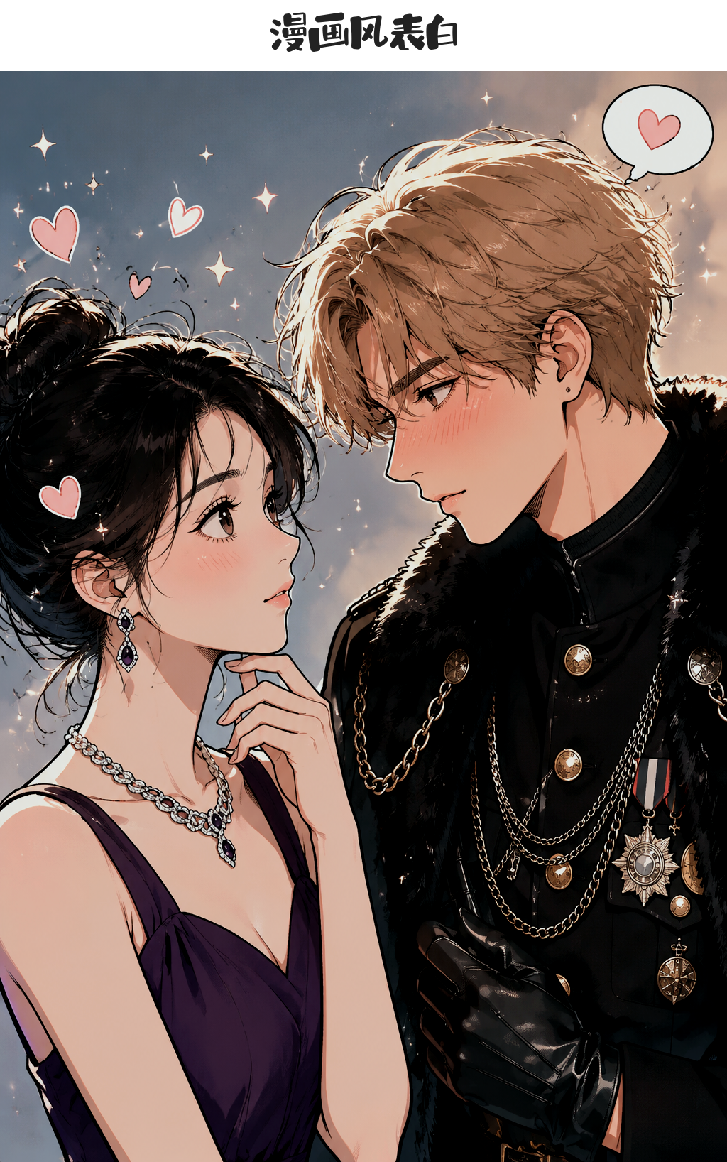 90s manhwa anime style, close-up romantic portrait of a couple: tall messy blond man in black fur-trimmed military uniform with gold chains, medals, leather gloves, blushing gazing down at a woman with black messy bun, purple slip dress, amethyst diamond jewelry, blushing gazing up at him. Soft dusk sky background with floating sparkles, pink heart doodles, pink heart speech bubble above the man. Warm soft ambient lighting, clean line art, tender romantic mood.