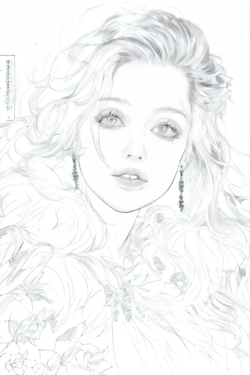 Monochrome pencil line art sketch, plain white paper background, fine clean lines with subtle light hatching for soft shading. Close-up centered portrait of a delicate young woman with voluminous wavy long hair, long dangling earrings, large doe eyes, slightly parted lips, surrounded by fluffy peonies. Even soft diffused lighting, no harsh shadows, intricate fine line details for hair strands, petal textures and soft facial features, no color, unfinished line draft aesthetic.