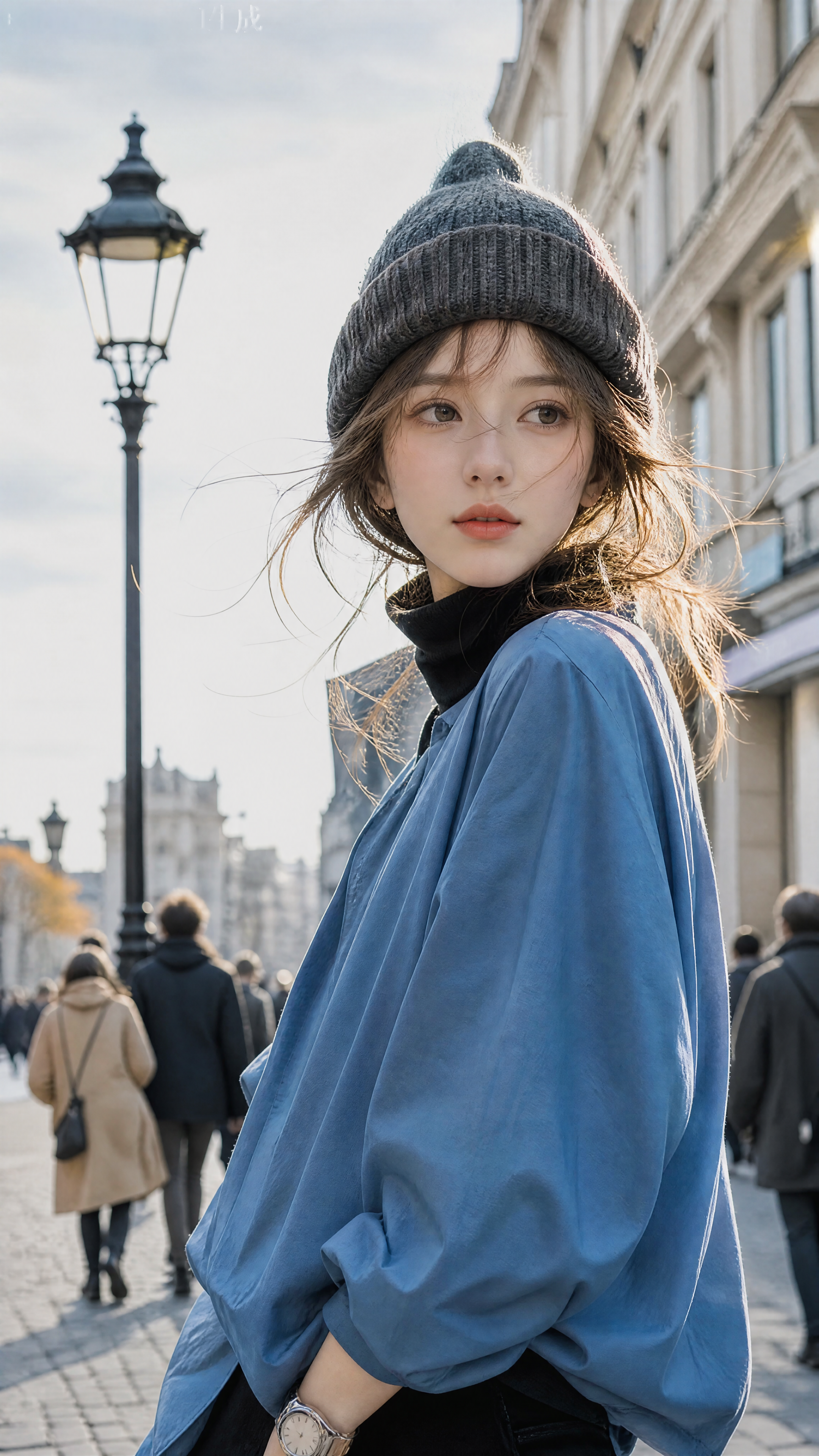 Photorealistic candid street portrait, young beautiful East Asian woman looking back over her shoulder, wearing grey knit pom-pom beanie, black turtleneck, oversized loose blue shirt, silver wrist watch, wind-tousled brown hair. European cobblestone street with vintage black lamppost, classic stone buildings, blurred background pedestrians, overcast soft natural daylight with warm golden rim light on hair, shallow depth of field, soft bokeh, subtle film grain, warm muted tones, 8K sharp detail.