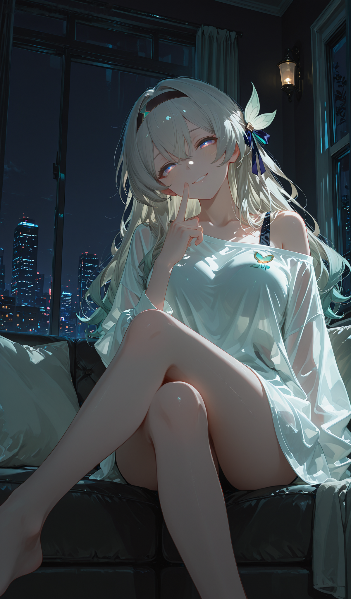 Anime illustration, Firefly from Honkai: Star Rail, long wavy pale silver hair, leaf hair ornament, dark headband, glowing blue-purple eyes, playful smile, index finger pressed to lips, wearing oversized sheer off-shoulder white t-shirt, bare legs, sitting on dark leather sofa, modern apartment at night, floor-to-ceiling window with glowing night city skyline background, cool soft cinematic lighting, low angle composition, warm small wall lamp accent, smooth detailed shading, 8k sharp details.