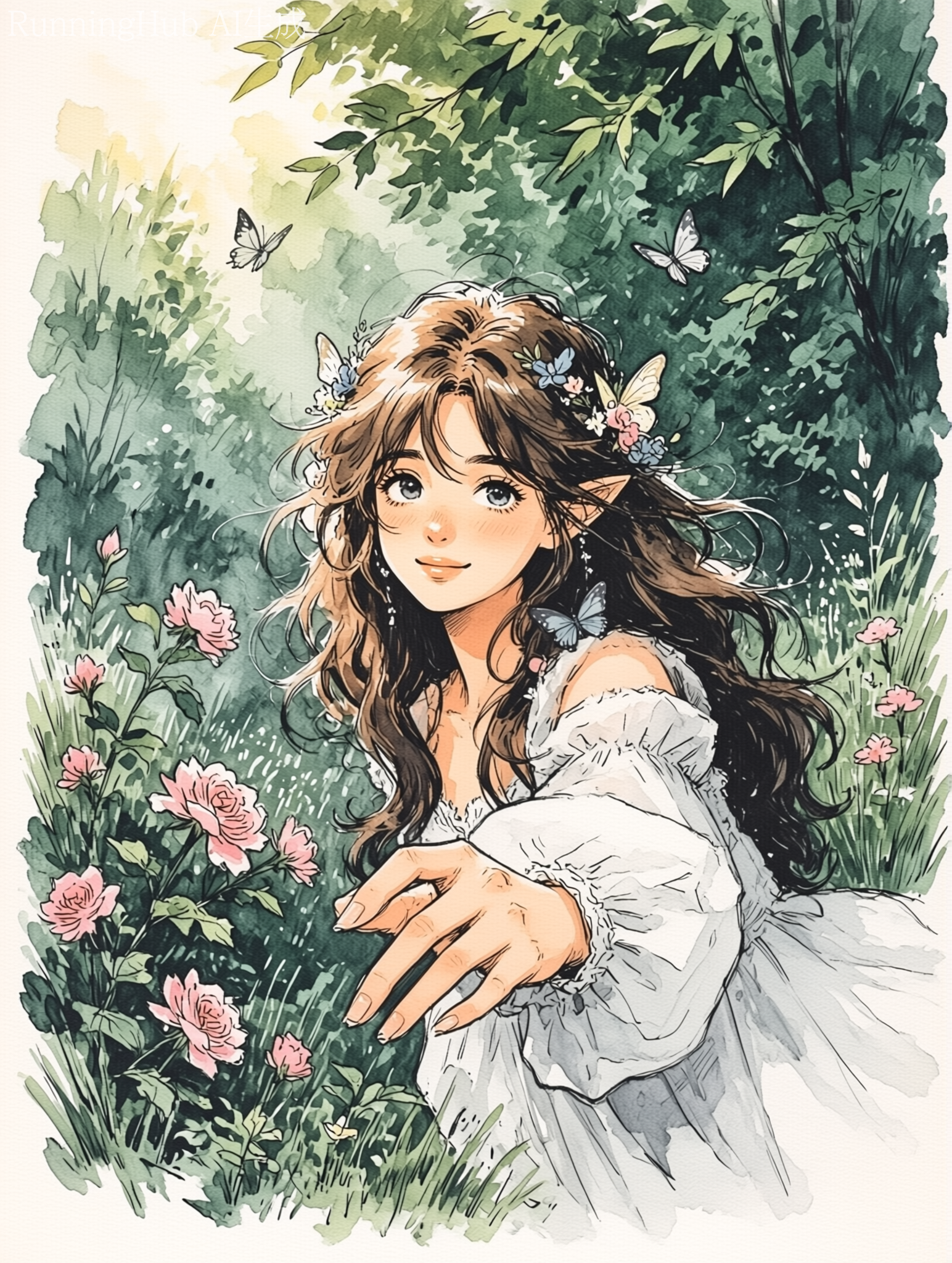 Watercolor ink illustration, vintage 90s anime aesthetic, loose sketchy lineart, textured off-white paper background.
Central medium close-up of a soft smiling young elf girl, long wavy brown hair with floral butterfly crown, blushing cheeks, white flowy off-shoulder ruffled dress, reaching toward pink wild roses.
Setting: sun-dappled lush forest glade, green foliage framing edges, small butterflies fluttering, warm golden dappled filtered sunlight, soft diffused lighting, gentle muted color pal