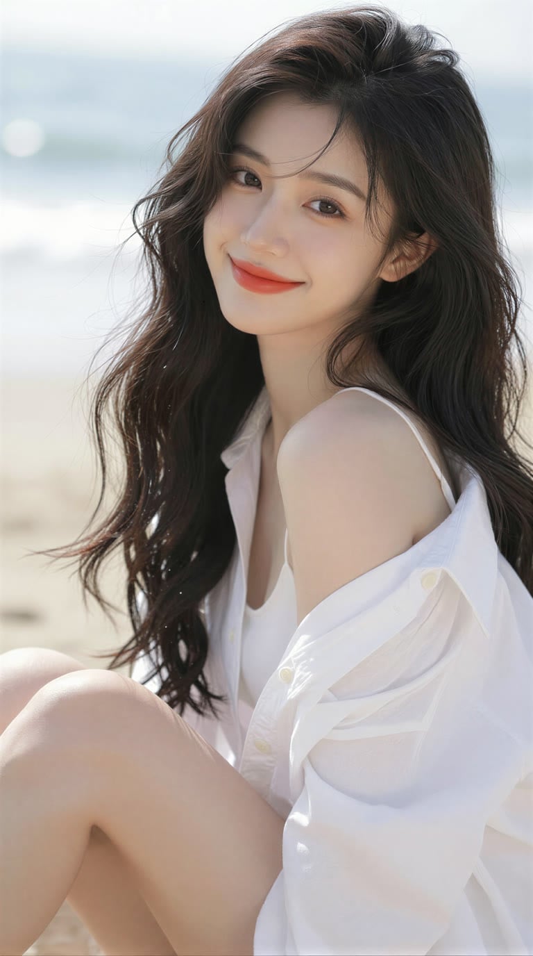 甜美年轻东亚女性，深棕大波浪长卷发，穿白吊带外搭宽松露肩白衬衫，坐在沙滩上浅笑看向镜头，背景是虚化海岸线，柔和自然日光，清透人像摄影，浅景深，高清细腻质感，画面明亮通透。