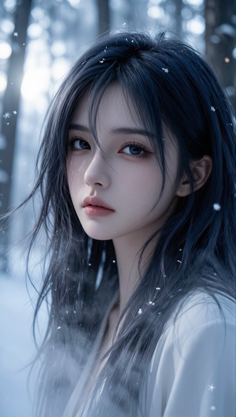 冷调色，脸部特写，清冷感少女，深蓝色微凌乱长发沾着碎雪，皮肤通透细腻，眼神清冽，背景是飘雪的冬日雾松树林，浅景深虚化，柔和侧逆光，高清写实，电影氛围感，画质细腻。