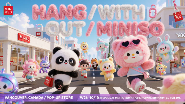 3D C4D可爱商业海报，明亮白日柔光，名创优品快闪店主题，街道两侧是MINISO门店，上空悬浮粉白毛绒质感大字，多只软萌毛绒潮玩IP在斑马线欢快奔跑，色彩明快活泼，底部设置活动信息栏。
