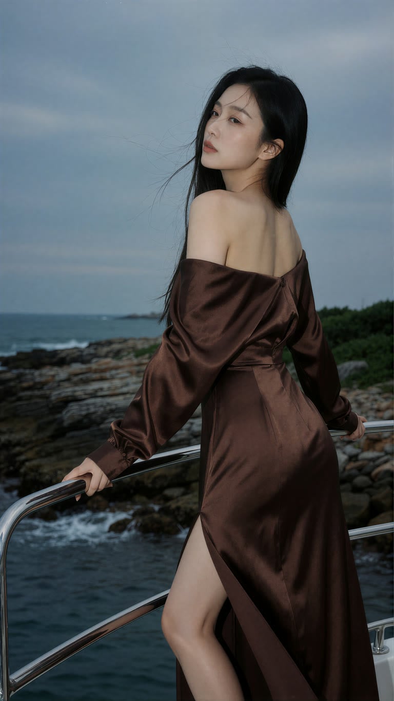 清冷感黑长直东亚女性，身着露肩棕色缎面开叉长裙，站在游艇栏杆旁侧身回望，背景是阴天滨海礁石海岸，中景构图，阴天柔和自然光，高清人像写真，电影氛围感，皮肤细腻，画面清冷高级。