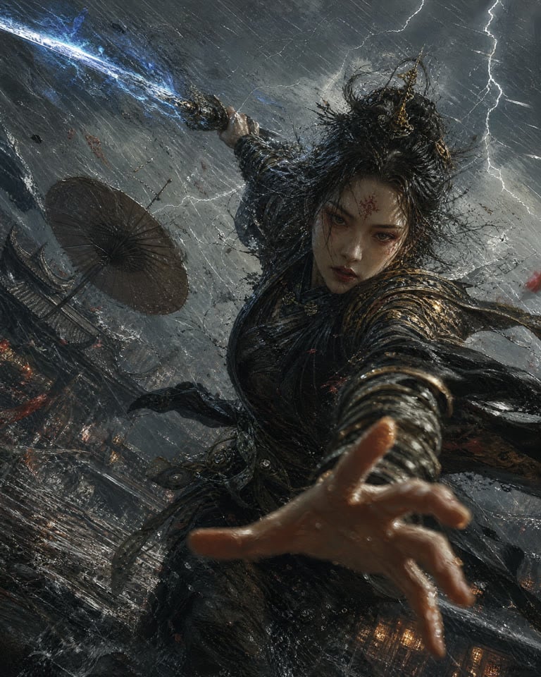Hyperrealistic dark wuxia art, dynamic low angle shot, fierce young Chinese female swordswoman, wet messy topknot with gold hair ornament, red cinnabar forehead mark, drenched black-gold woven dark armor, one wet hand outstretched toward viewer, the other holding glowing blue electric enchanted sword, discarded oil paper umbrella floating behind. Stormy rainy night, flashing lightning, distant burning ancient Chinese rooftops, pouring rain, wind-whipped robes, dramatic high contrast lighting fro