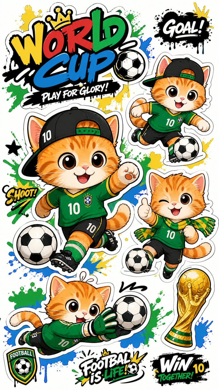 Kawaii anime vertical sticker sheet, plain white background, multiple poses of cute chibi orange tabby cat wearing Brazil green number 10 football jersey, backwards cap, dribbling soccer ball, cheering with thumbs up, saving ball as goalkeeper, bold white die-cut outlines for all elements, plus World Cup golden trophy, soccer balls, yellow green blue graffiti splatters, fun sporty texts, bright flat vibrant colors, even soft lighting, clean cartoon lineart, playful sporty vibe.