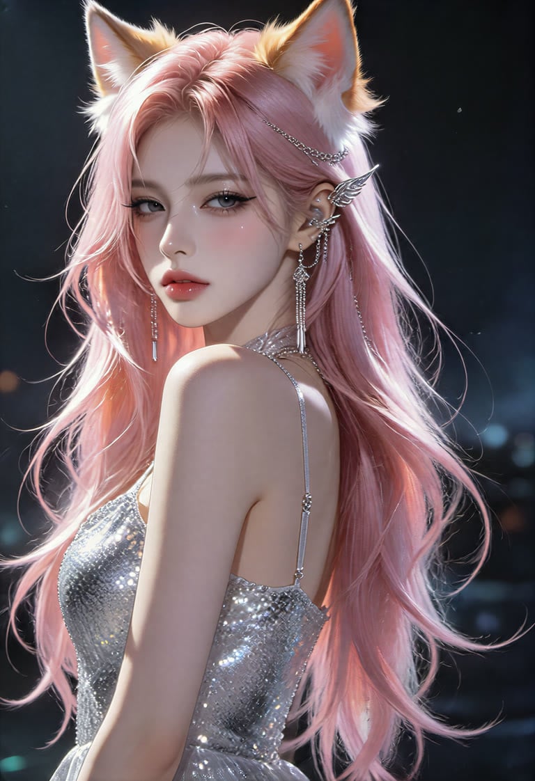 Hyperrealistic digital anime k-pop aesthetic art, beautiful cool fox girl, long wavy soft pastel pink hair, fluffy orange-white fox ears, sharp light grey eyes, soft cheek blush, glossy pink lips, silver wing ear cuffs, dangling silver chain earrings, silver sequin slip dress. Three-quarter portrait, she looks over her shoulder at viewer, dark blurred night city bokeh background. Soft cool rim lighting, gentle facial key light, ultra fine hair strands, shimmering fabric texture, 8K sharp cinemat