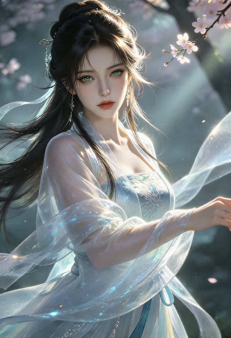 Hyperrealistic digital art, medium close-up of ethereal beautiful ancient Chinese woman, bright emerald green eyes, long flowing half-up black hair with silver hair ornaments, wearing sheer iridescent light blue sparkly hanfu, translucent flowing ribbons blowing in wind, looking softly at viewer. Hazy cherry blossom forest background with pink blossoms and bokeh. Soft golden backlighting, sunbeams, floating light dust particles, dreamy fairy aesthetic, ultra detailed, cinematic lighting, 8K shar