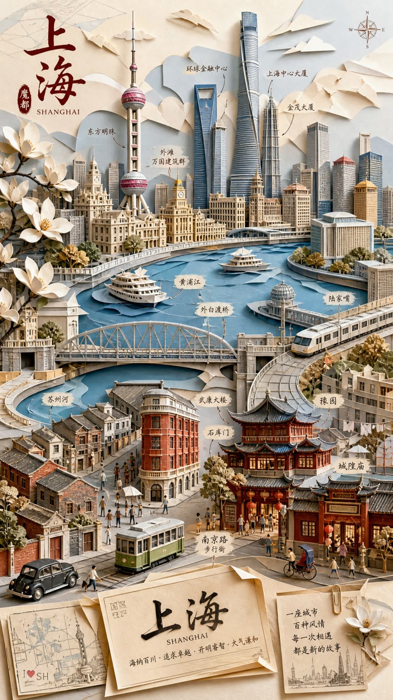 Ultra HD 3D layered origami paper-cut illustration of Shanghai cityscape, isometric composition. Features Oriental Pearl, Shanghai Tower, Bund colonial architecture, Huangpu River cruise ships, Waibaidu Bridge, Wukang Building, Shikumen houses, Yuyuan Garden, City God Temple, left-side magnolia branches, vintage tram/cars, tiny pedestrians, calligraphy landmark labels, old Shanghai postcards at the bottom. Soft warm natural lighting, subtle textured paper edges, delicate soft shadows, intricate 