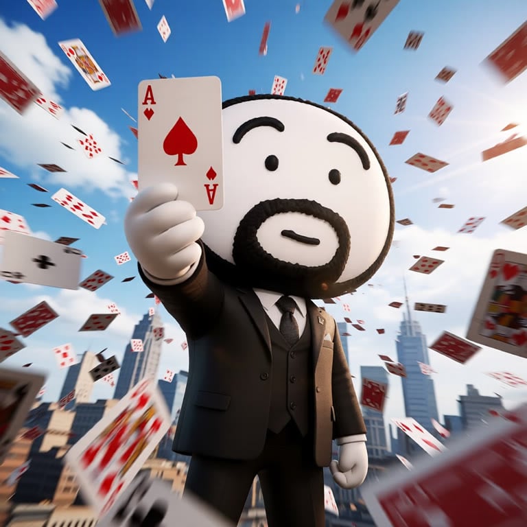 3D claymation cute round chibi man with white round face, thick black beard, wearing tailored black 3-piece suit, holding Ace of Spades up toward the viewer, low angle shot, modern city skyscraper skyline background, bright sunny blue sky with fluffy clouds, warm golden hour sunlight with soft lens flare, hundreds of playing cards floating and flying all around with motion blur, cinematic shallow depth of field, vibrant crisp colors, playful whimsical style.