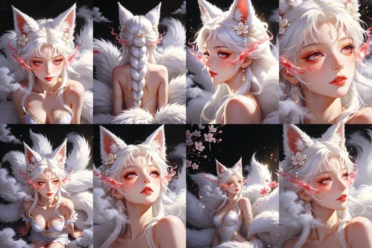 8-panel character turnaround reference sheet, ethereal nine-tailed white fox spirit young woman, flowing silver-white hair, fluffy white fox ears, pink glowing wisps at temples, sparkling red eyes, blushed cheeks, pearl flower hair accessories, sheer white silk outfit, large fluffy white tails. Semi-realistic anime CG style, soft painterly render, warm golden rim lighting, dark background, floating clouds, glitter particles, subtle cherry blossom accents, varied angles including front, back, pro