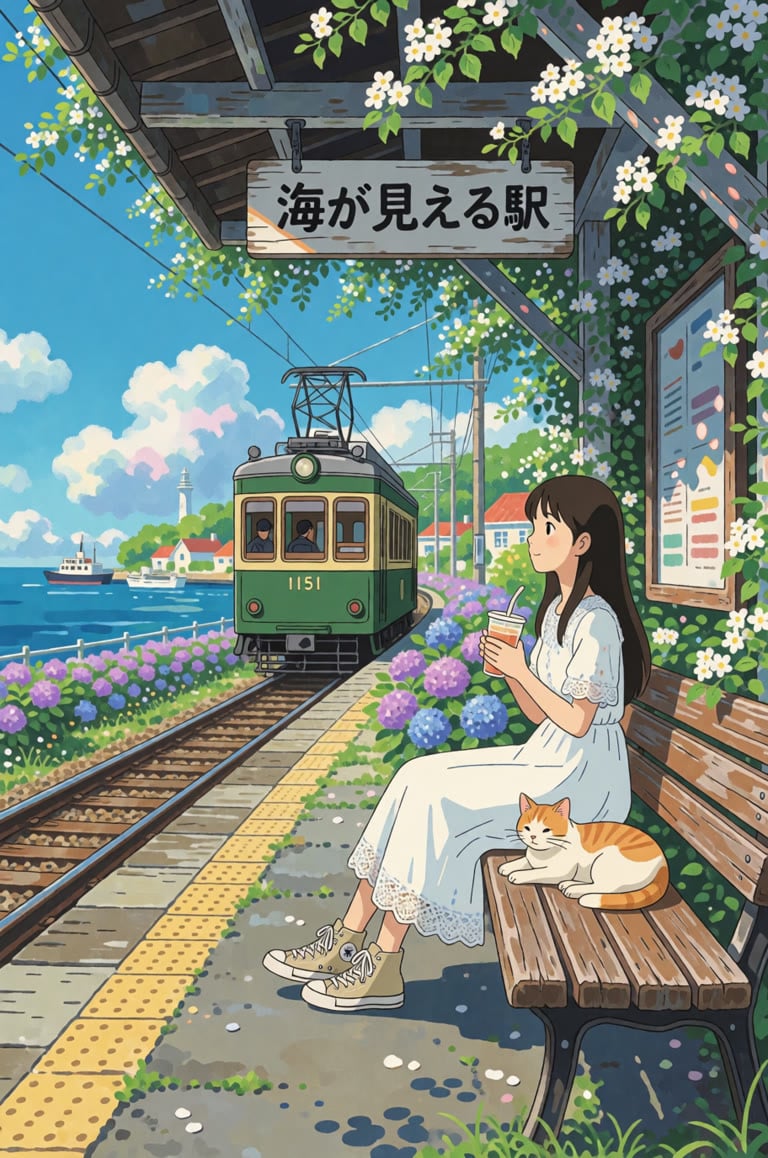 Studio Ghibli whimsical cozy anime illustration, vertical composition. Japanese coastal train station, white jasmine vines climbing wooden eaves with sign reading "海が見える駅". Young girl in white lace maxi dress sits on wooden bench holding iced drink, chonky ginger-and-white cat rests beside her. Vintage green tram approaching on tracks, purple and blue hydrangeas line the platform, bright sunny daytime, soft warm natural light, bright blue sky with fluffy cumulus clouds, ocean view with lighthous