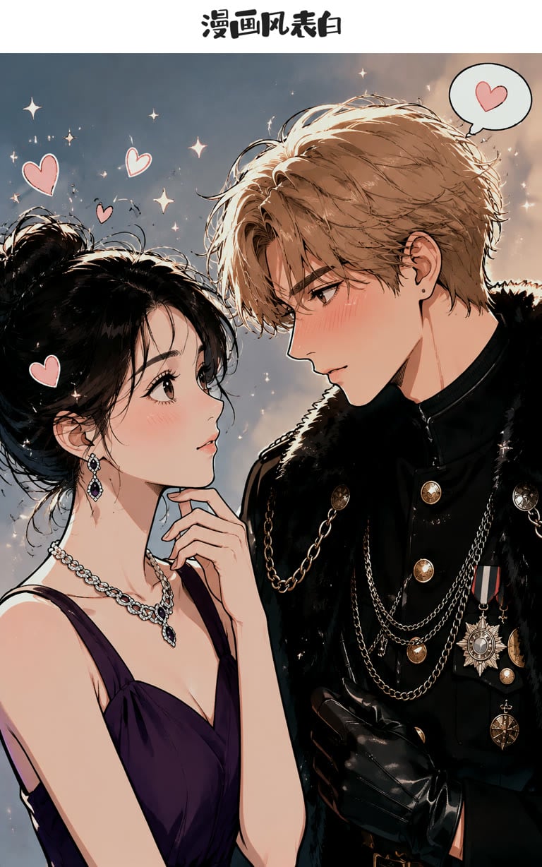 90s manhwa anime style, close-up romantic portrait of a couple: tall messy blond man in black fur-trimmed military uniform with gold chains, medals, leather gloves, blushing gazing down at a woman with black messy bun, purple slip dress, amethyst diamond jewelry, blushing gazing up at him. Soft dusk sky background with floating sparkles, pink heart doodles, pink heart speech bubble above the man. Warm soft ambient lighting, clean line art, tender romantic mood.