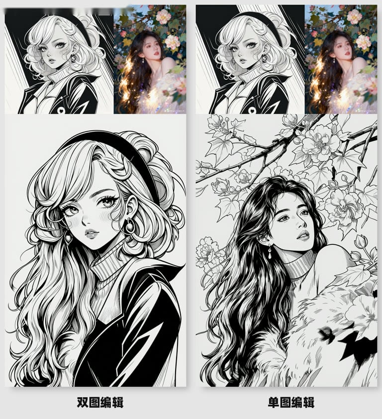 Side-by-side 2-panel 90s retro shojo manga monochrome line art, no color, high contrast crisp black ink on off-white background. Left panel: bust shot of curly blonde girl with black headband, hoop earrings, turtleneck and leather jacket, delicate anime facial features. Right panel: bust shot of long wavy dark-haired girl in fur shawl, peony branch line art background. Even flat lighting, smooth flowing hair details, clean precise inking, soft minimal shading.