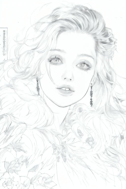 Monochrome pencil line art sketch, plain white paper background, fine clean lines with subtle light hatching for soft shading. Close-up centered portrait of a delicate young woman with voluminous wavy long hair, long dangling earrings, large doe eyes, slightly parted lips, surrounded by fluffy peonies. Even soft diffused lighting, no harsh shadows, intricate fine line details for hair strands, petal textures and soft facial features, no color, unfinished line draft aesthetic.