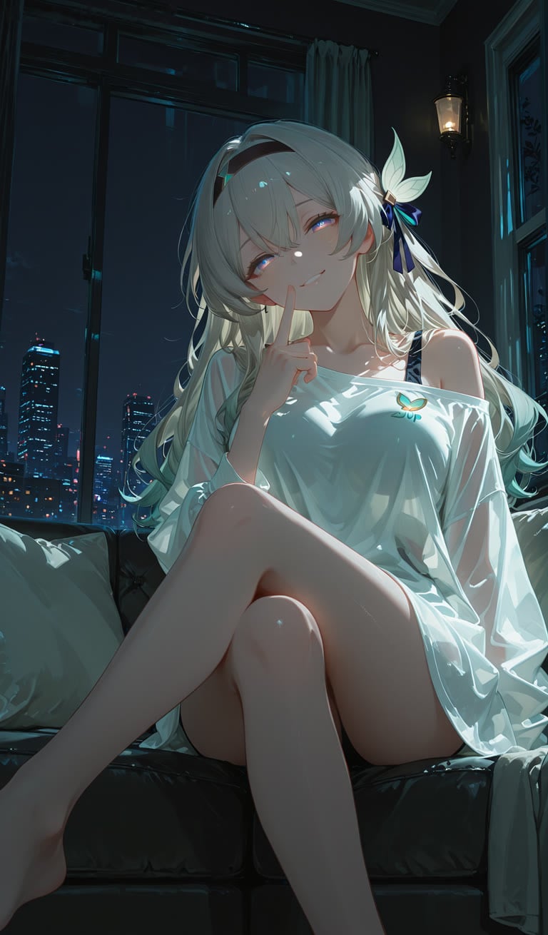 Anime illustration, Firefly from Honkai: Star Rail, long wavy pale silver hair, leaf hair ornament, dark headband, glowing blue-purple eyes, playful smile, index finger pressed to lips, wearing oversized sheer off-shoulder white t-shirt, bare legs, sitting on dark leather sofa, modern apartment at night, floor-to-ceiling window with glowing night city skyline background, cool soft cinematic lighting, low angle composition, warm small wall lamp accent, smooth detailed shading, 8k sharp details.