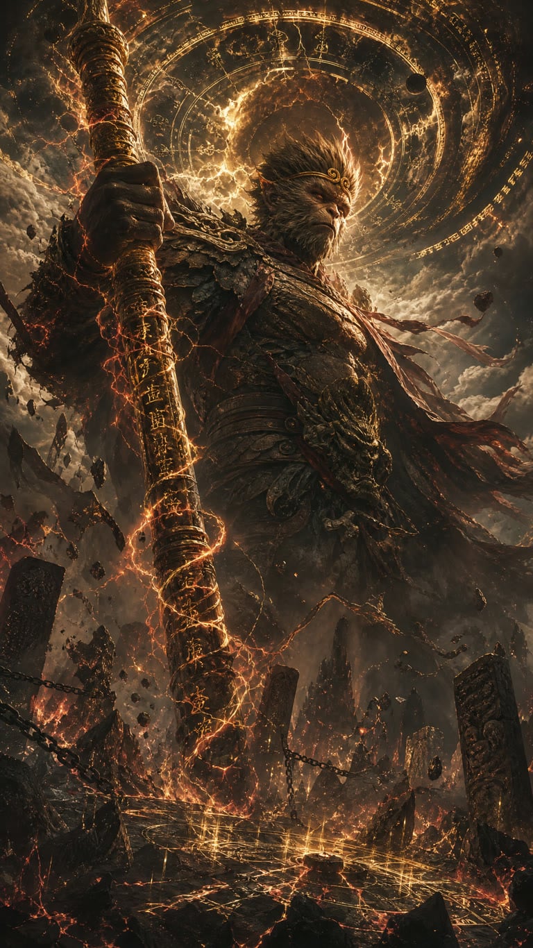 Epic low-angle shot of colossal Sun Wukong (Great Sage Equal to Heaven), weathered fur, golden circlet, worn ornate dark gilded battle armor, tattered red cape, holding glowing rune-carved Ruyi Jingu Bang wreathed in crackling orange lightning. Shattered apocalyptic rocky landscape with ancient chains, floating debris, stormy dark clouds, giant glowing golden celestial rune circle behind him. Dark fantasy cinematic style, hyperdetailed, dramatic warm golden backlighting, volumetric light, gritty