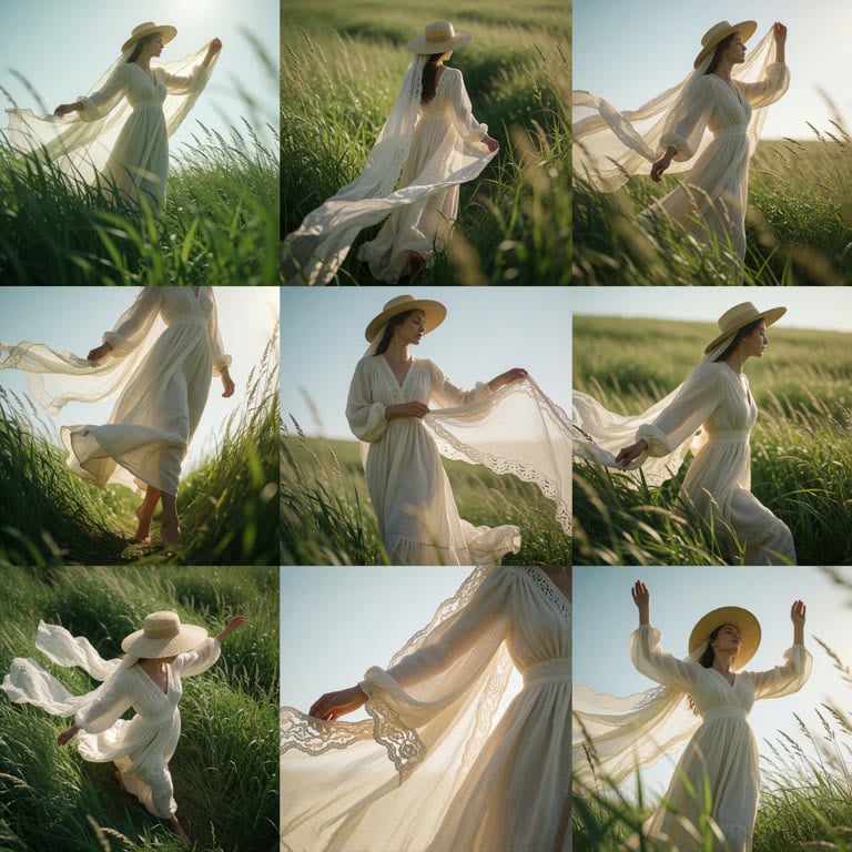 3x3 nine-panel mood board, elegant young woman in flowy ivory lace-trimmed maxi dress, wide-brim straw hat, moving through tall lush sunlit wild grass field, varying poses/angles per panel: walking, twirling, holding billowing sheer dress fabric, profile shots, lace closeups, back views. Soft dreamy cinematic film aesthetic, warm golden hour backlighting, gentle lens flare, shallow depth of field, blurred grass foreground, ethereal romantic muted warm tones, soft natural shadows.