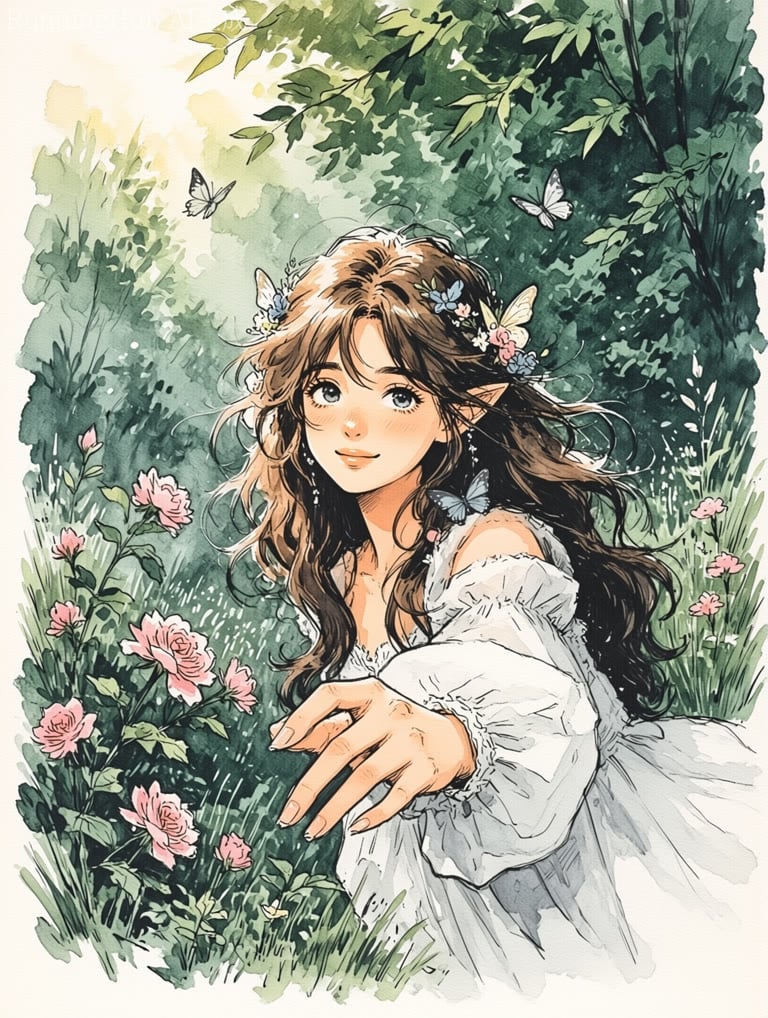 Watercolor ink illustration, vintage 90s anime aesthetic, loose sketchy lineart, textured off-white paper background.
Central medium close-up of a soft smiling young elf girl, long wavy brown hair with floral butterfly crown, blushing cheeks, white flowy off-shoulder ruffled dress, reaching toward pink wild roses.
Setting: sun-dappled lush forest glade, green foliage framing edges, small butterflies fluttering, warm golden dappled filtered sunlight, soft diffused lighting, gentle muted color pal