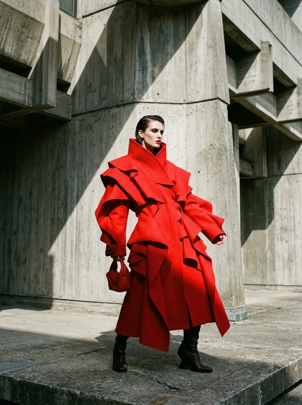 high fashion editorial photo, model in sculptural avant-garde red coat against brutalist concrete wall, dramatic shadow play, magazine cover quality, bold composition, no text