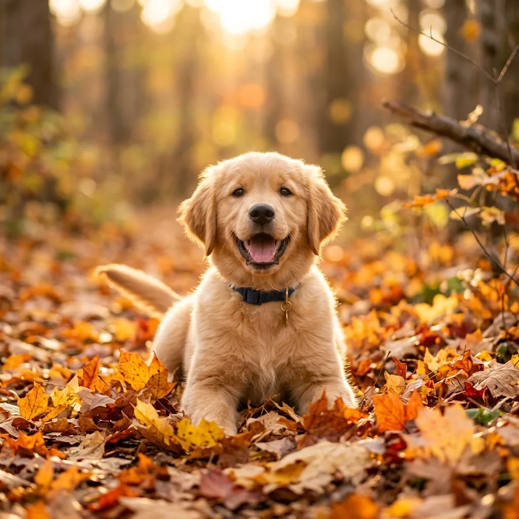 heartwarming photo of a golden retriever puppy in autumn leaves, golden hour backlight, shallow depth of field, joyful expression, professional pet photography, no text