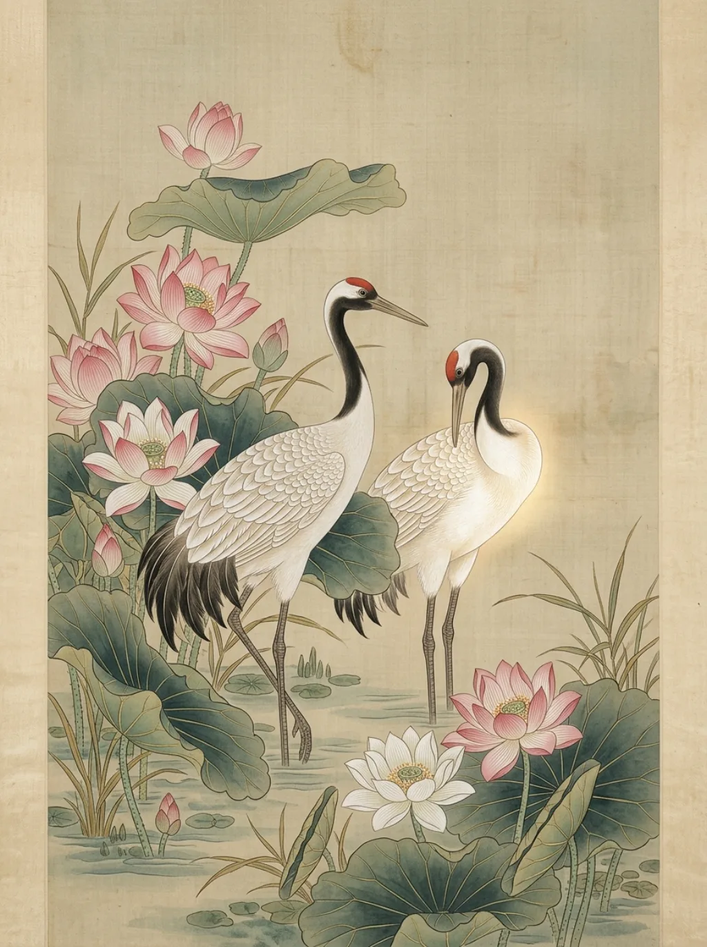 traditional chinese gongbi painting of two red-crowned cranes among pink lotus flowers, elegant fine brushwork, silk texture background, muted celadon and vermilion palette, no text