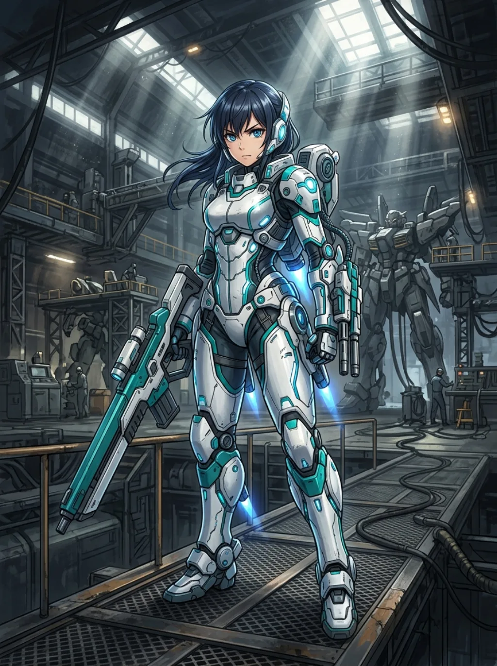 anime concept art of a girl in white and teal mecha exoskeleton armor, hangar bay background with volumetric light, detailed mechanical design, determined expression, no text