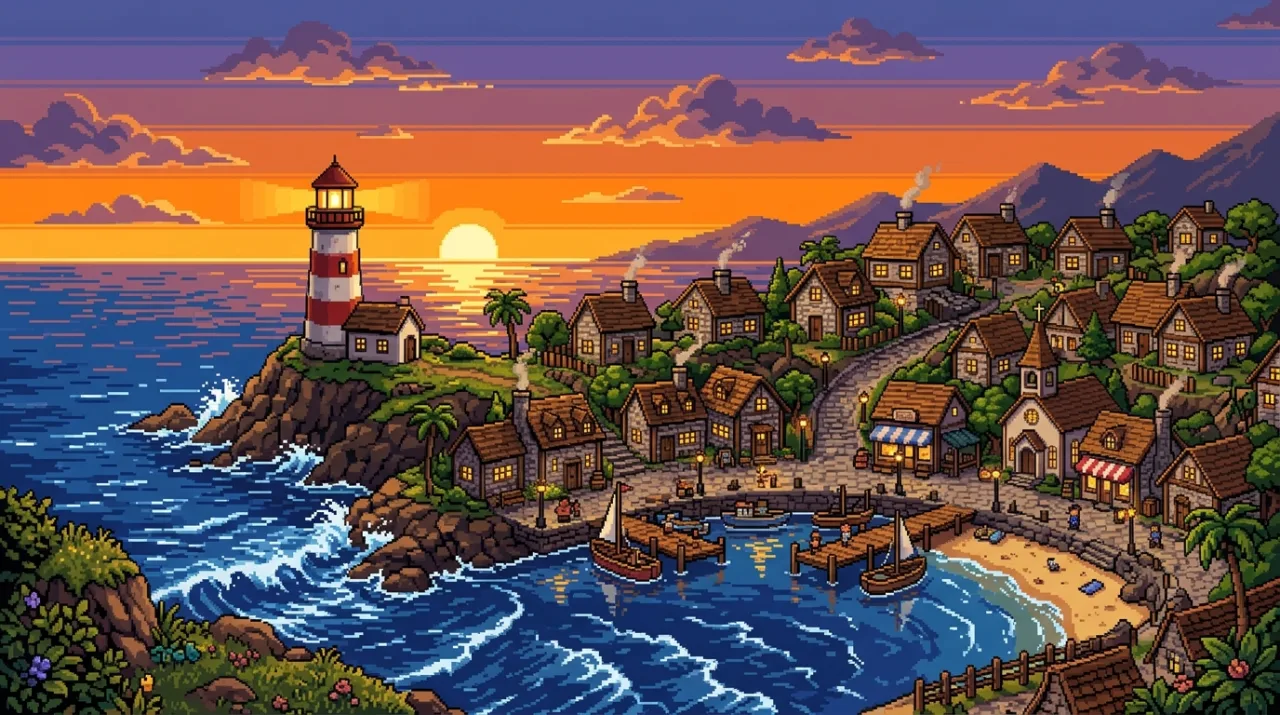 charming pixel art seaside town at sunset, tiny houses with warm windows, lighthouse, pixel clouds, 16-bit retro game aesthetic, orange and purple sky, no text