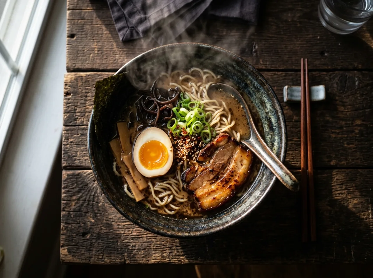 overhead food photography of steaming tonkotsu ramen with soft boiled egg and chashu, dark rustic wooden table, dramatic side lighting, steam rising, appetizing rich colors, no text