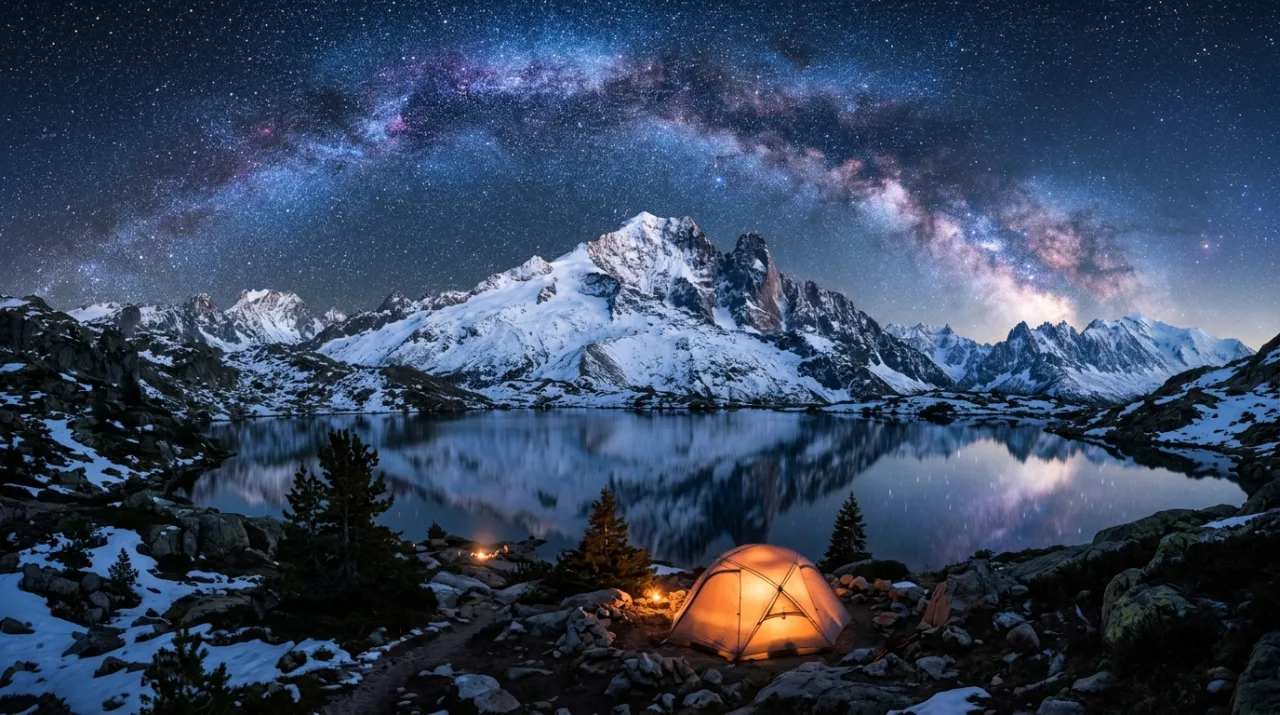 majestic snow mountain under a brilliant milky way, alpine lake mirror reflection, astrophotography, deep blues with warm tent light in foreground, breathtaking, no text