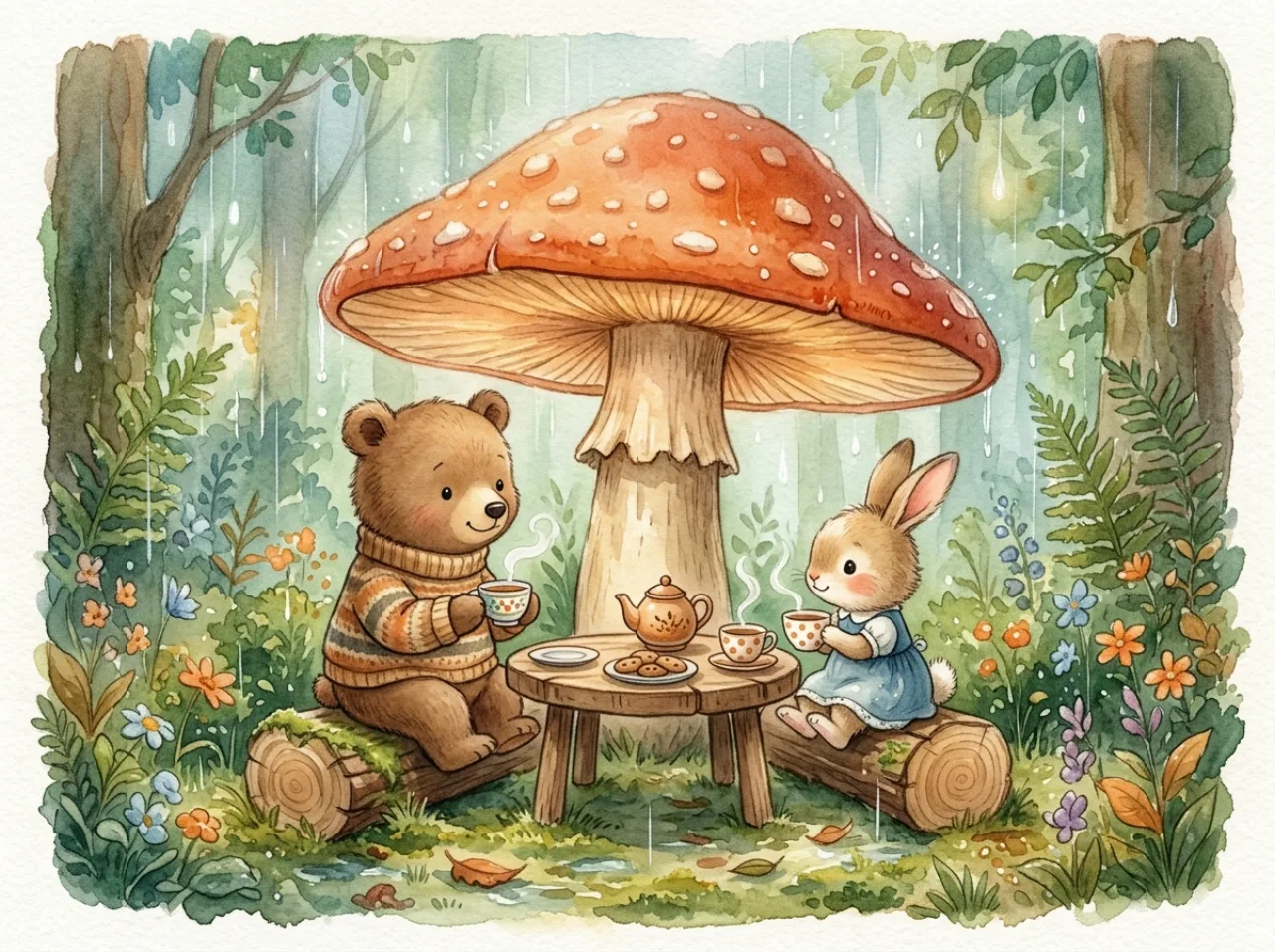 children storybook illustration of a little bear and a rabbit having tea under a giant mushroom in the rain, soft watercolor texture, warm cozy palette, gentle whimsical style, no text