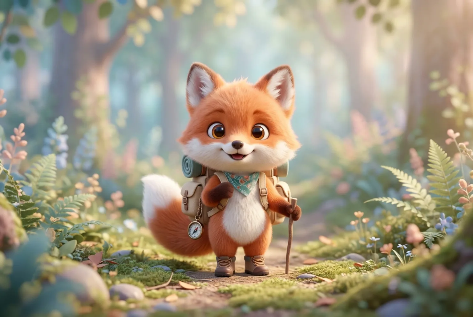 adorable 3d cartoon fox explorer character with tiny backpack, big expressive eyes, soft pastel forest background, high quality 3d render, soft studio lighting, no text