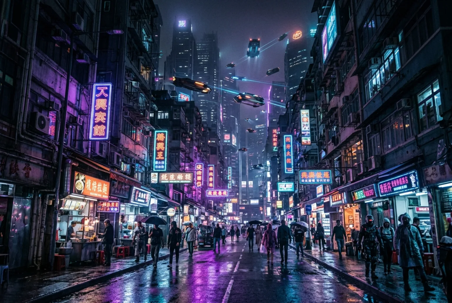 sprawling cyberpunk city street at night, neon signs reflecting on wet pavement, flying vehicles, dramatic purple and cyan lighting, cinematic composition, ultra detailed, no text