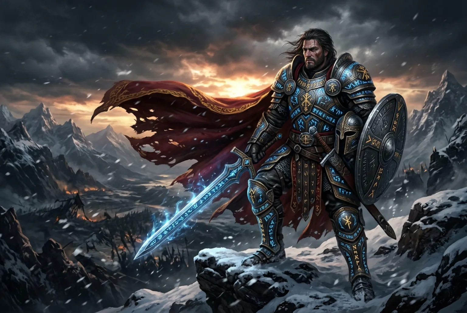 epic fantasy warrior portrait, ornate engraved armor with glowing runes, windswept cape, dramatic backlight, snowy mountain battlefield, cinematic concept art, no text