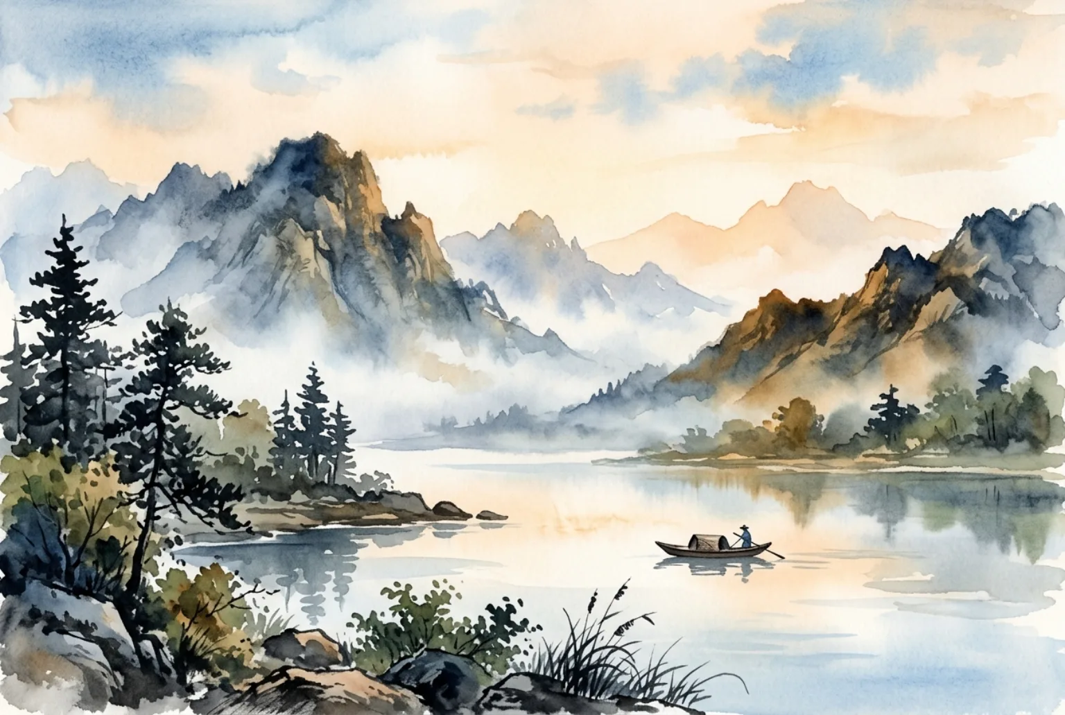serene watercolor landscape painting, misty mountains over a calm lake, soft washes of blue and amber, traditional ink wash style, gentle morning light, no text