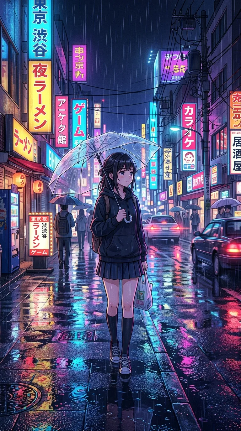 anime style illustration, girl with transparent umbrella on a rainy neon-lit tokyo street at night, reflections on wet asphalt, cinematic lighting, vibrant blues and pinks, highly detailed, no text