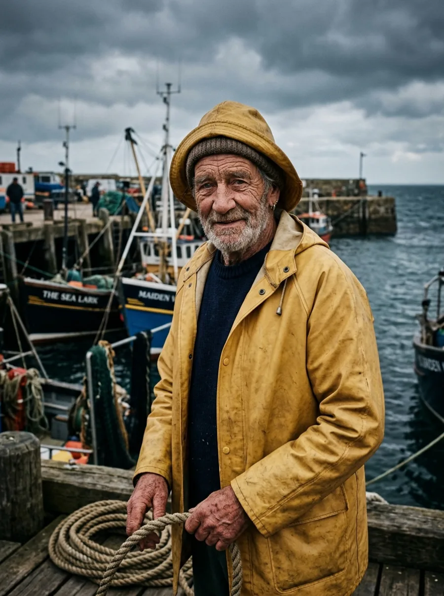 cinematic portrait of an old weathered fisherman with deep wrinkles and kind grey eyes, wearing a yellow raincoat, dramatic overcast harbor in the background, film photography style, shallow depth of field, no text