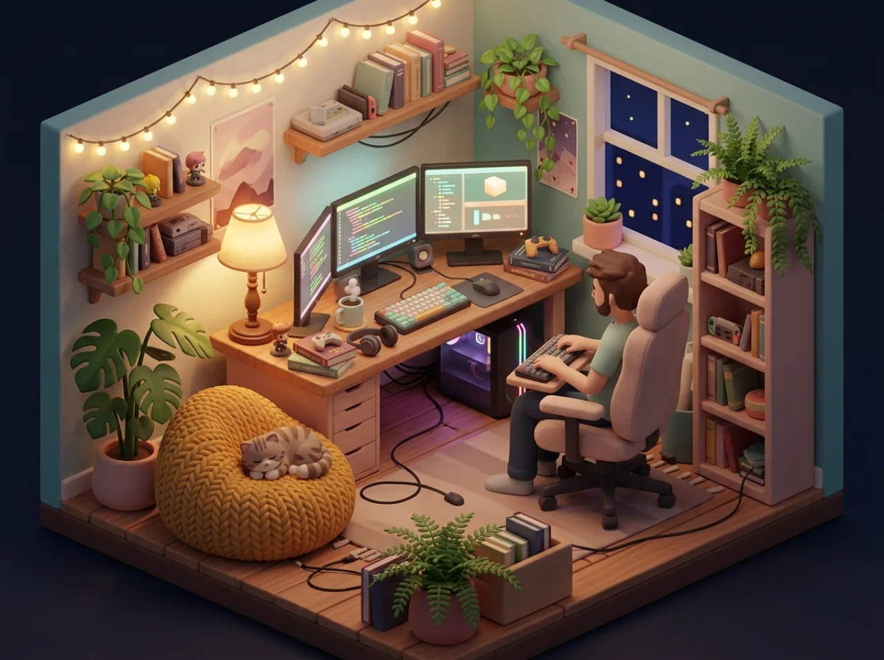 cozy isometric 3d render of a game developer room, warm lamp light, multiple monitors with code glow, plants and cat sleeping on a beanbag, soft pastel palette, miniature diorama style, no text
