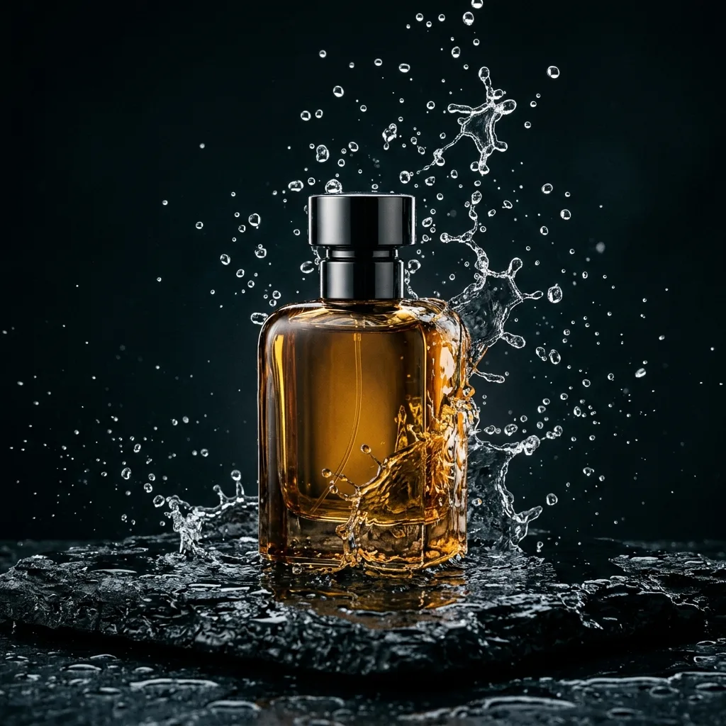 luxury perfume bottle product photography, amber glass on wet black stone, water splash frozen mid-air, dramatic studio rim lighting, dark moody background, hyper realistic, no text